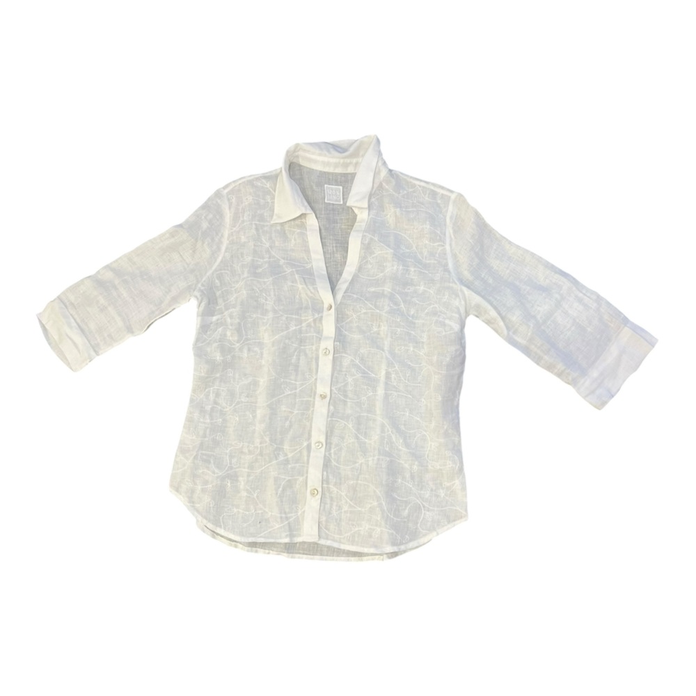 120% Lino Embroidered Blouse White 3/4 Sleeve Button Down Blouse Size Small - Picture 2 of 11